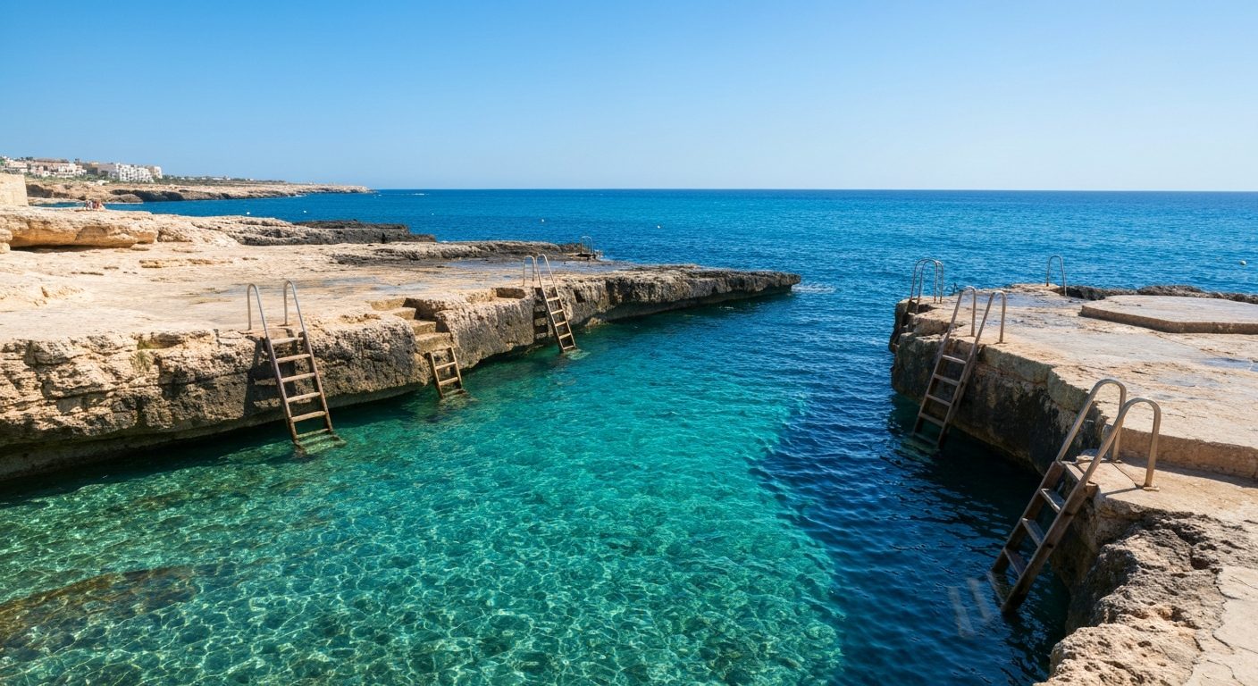 Swimmers at a rocky lido on the Sliema seafront