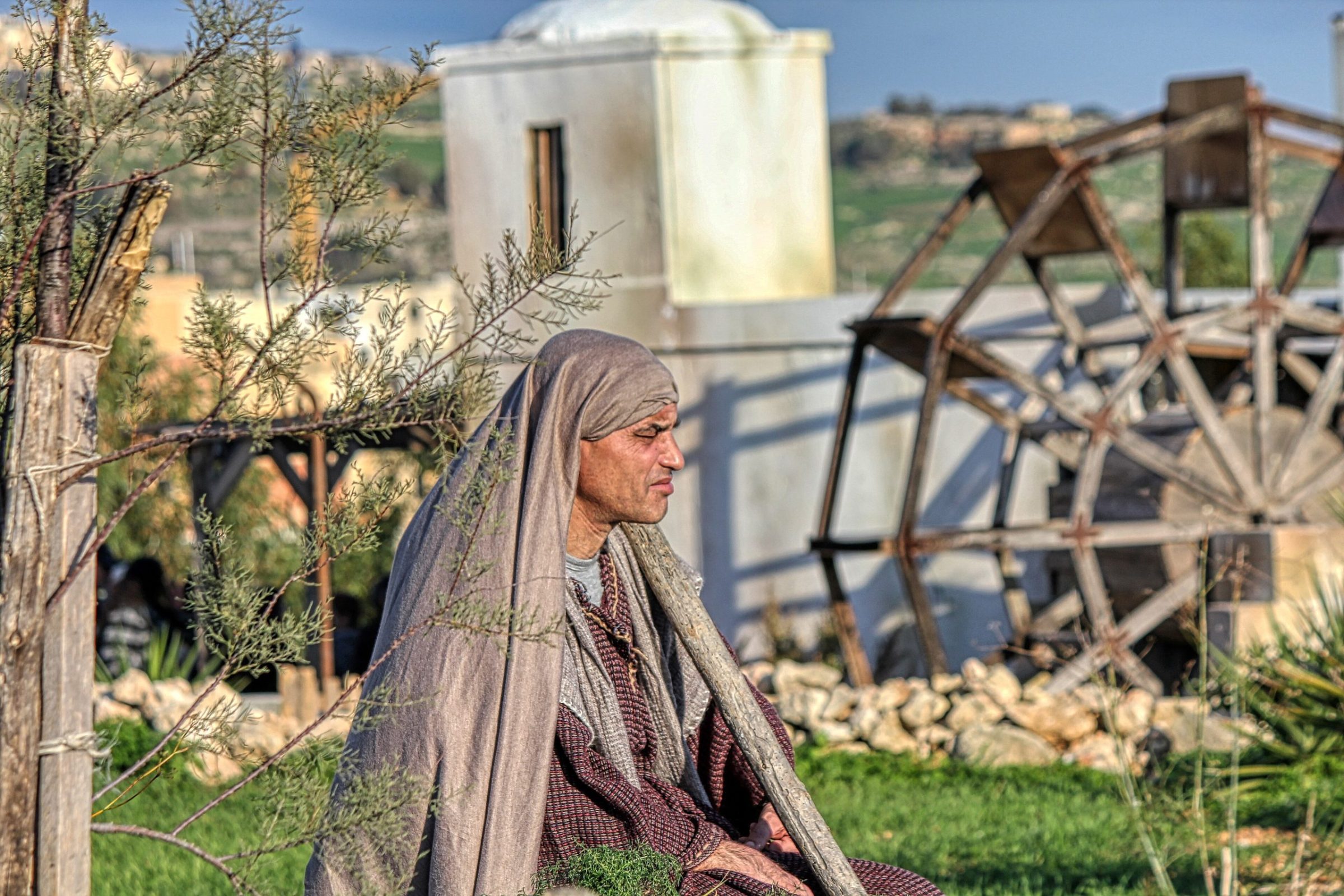 Costumed shepherd at the Bethlehem f'Ghajnsielem living nativity village on Gozo