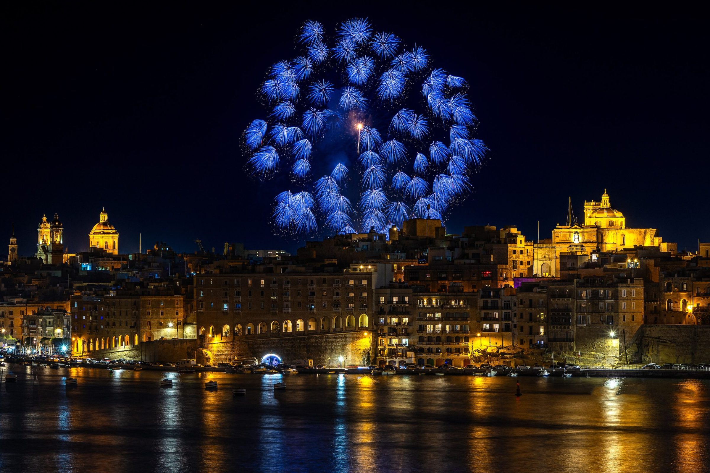 Fireworks over the Grand Harbour and the Three Cities in Malta at night